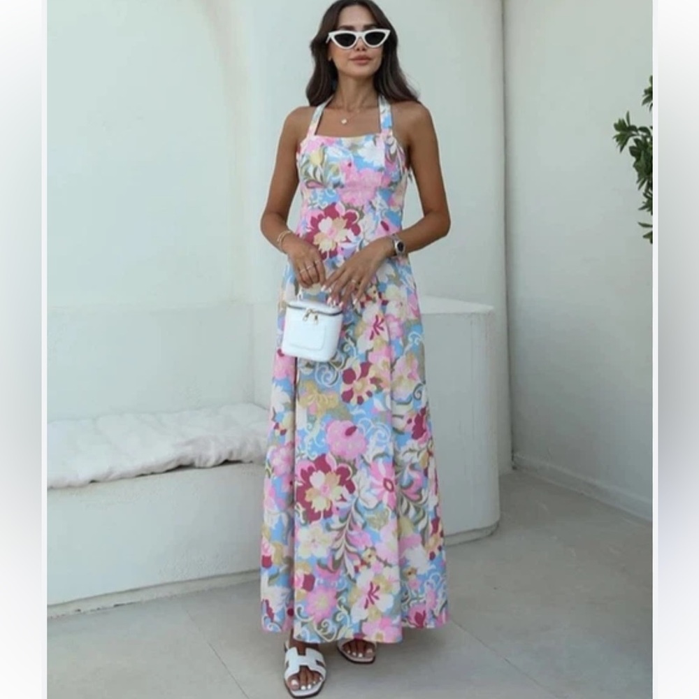 ZARA NEW  LINEN MIDI FLORAL DRESS Multicolored